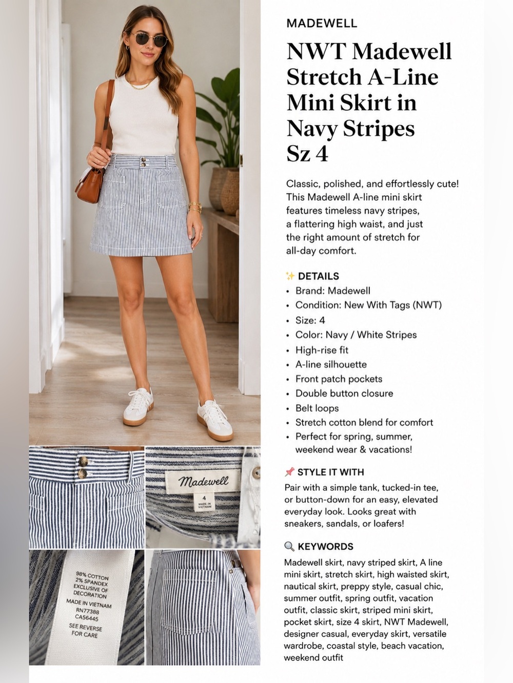 Madewell Stretch A-Line Mini Skirt in Navy Stripes Sz 4 RTL 88 NWT